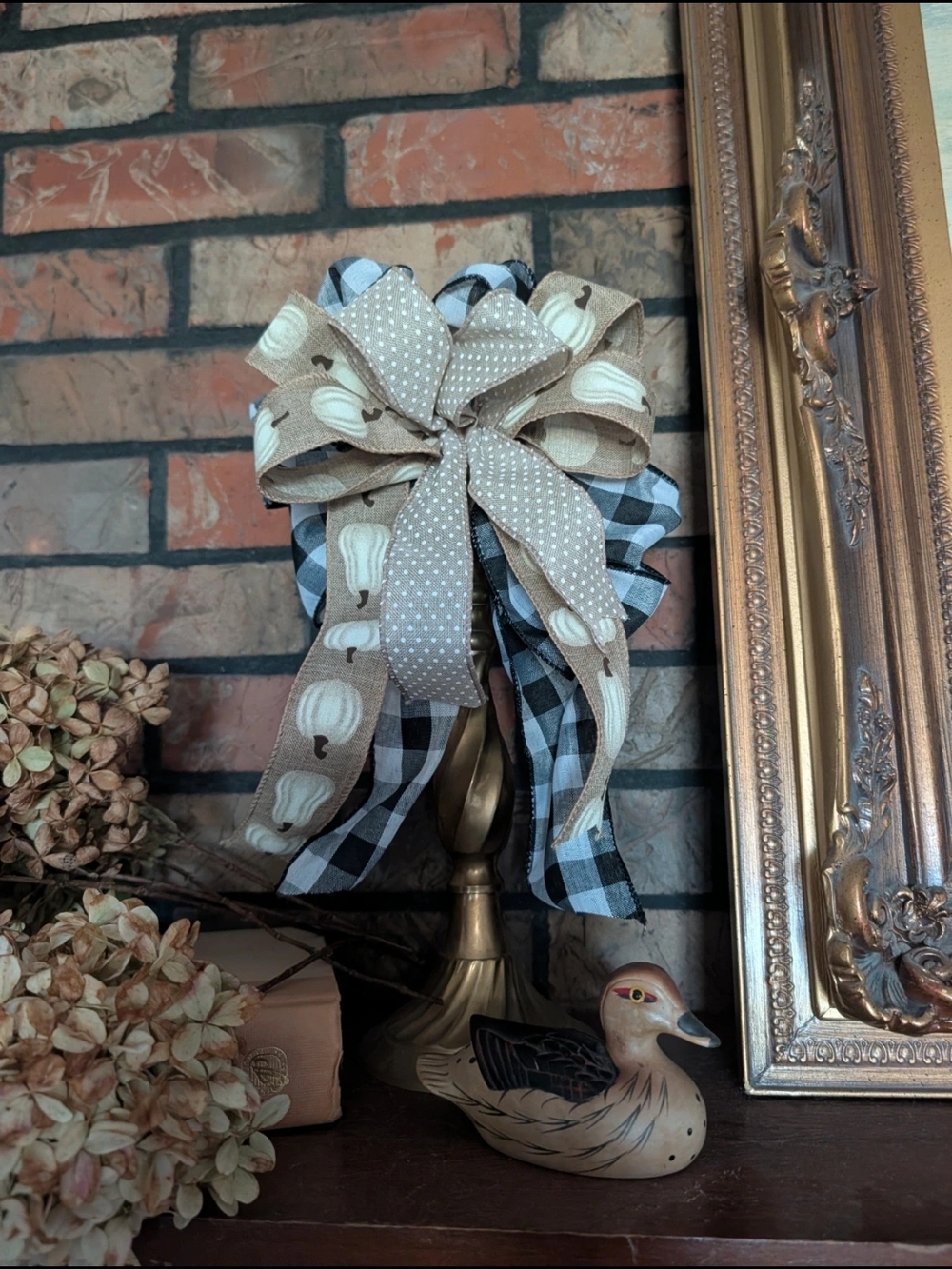 Decorative Fall Bow Accent in Beige and Black Plaid - Home Holiday